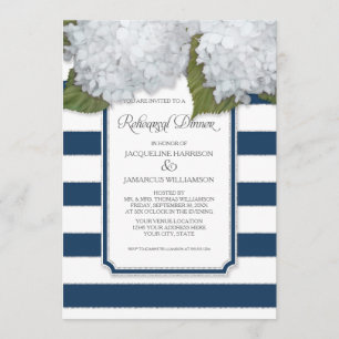 White Hydrangea Rehearsal Dinner Navy Striped Invitation