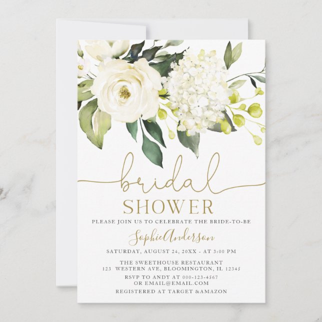 White Hydrangea  Roses bridal shower Invitation (Front)
