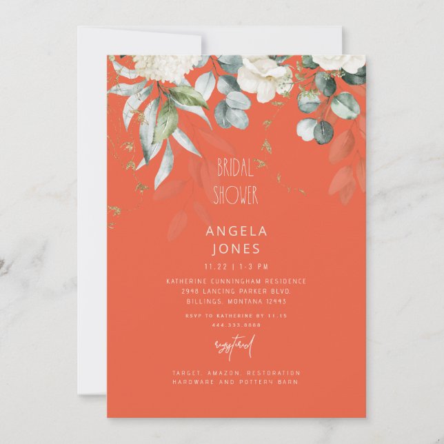 White Hydrangea Tangerine Bridal Shower  Invitation (Front)