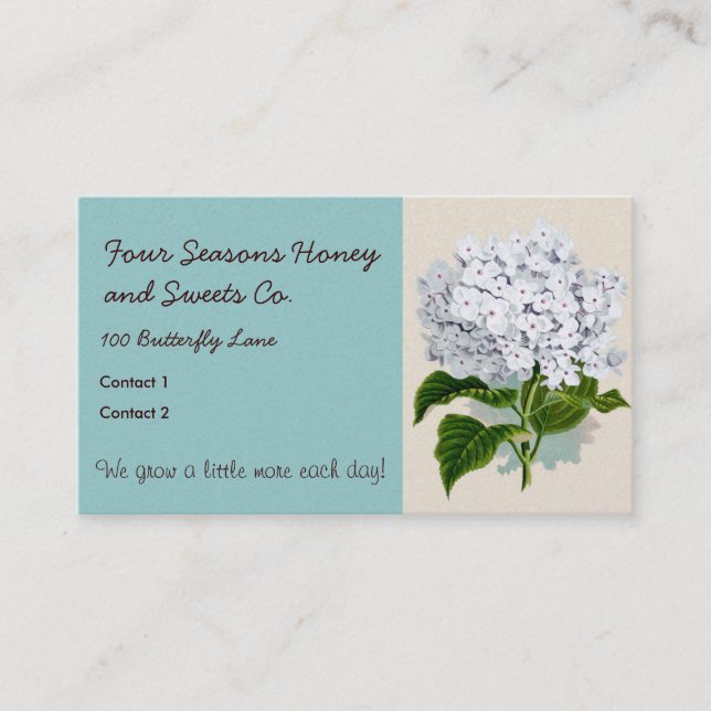 White Hydrangea Vintage Botanicals Illustrations Business Card (Front)