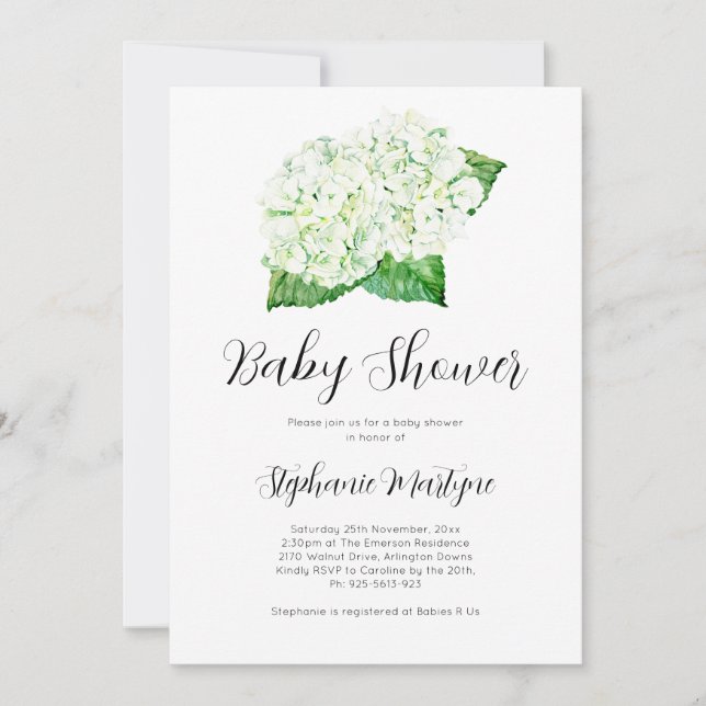 White Hydrangea Watercolor Botanical Baby Shower Invitation (Front)