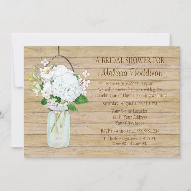 White Hydrangea Watercolor Mason Jar Flowers Invitation (Front)