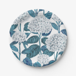White hydrangea watercolor paper plate