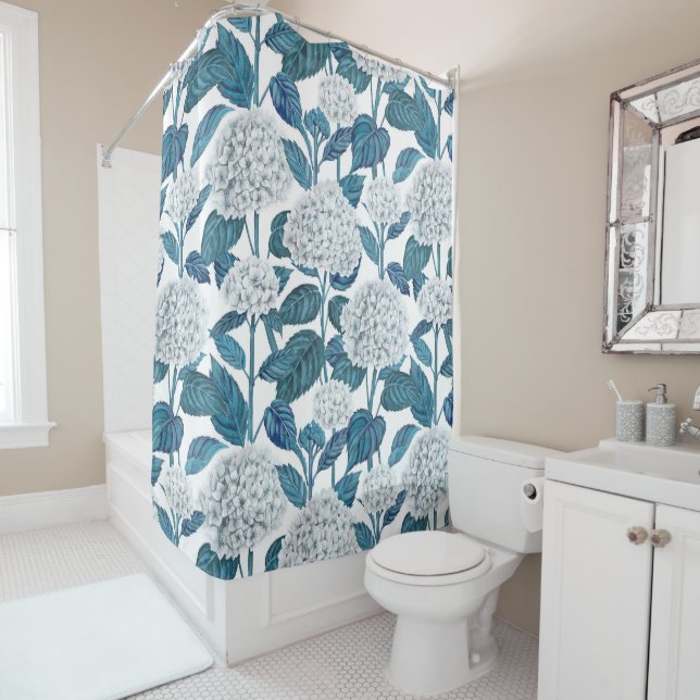 White hydrangea watercolor shower curtain (In Situ)