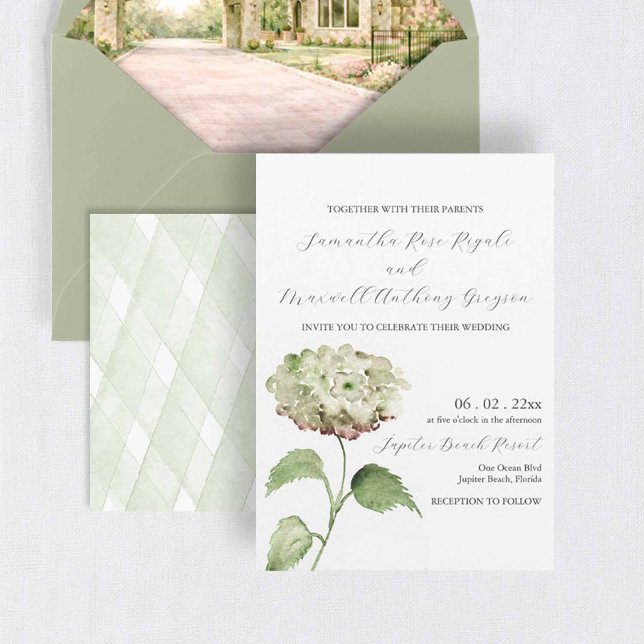 White Hydrangea Wedding Invitation Invitations (Watercolor flower wedding invitations with venue envelope liner and green hydrangeas)