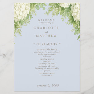 White Hydrangeas Dusty Blue Wedding Program II Programme