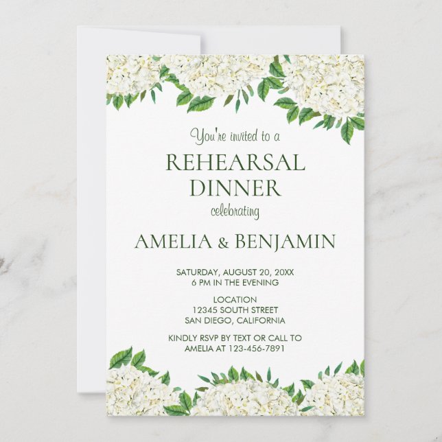 White Hydrangeas Elegant Wedding Rehearsal Dinner Invitation (Front)