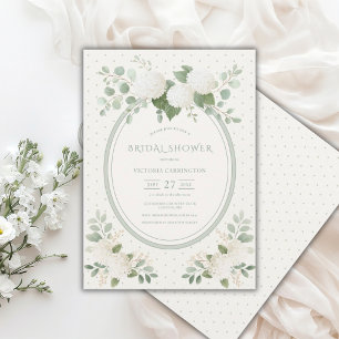 White Hydrangeas Floral Vintage Green Bridal Invitation