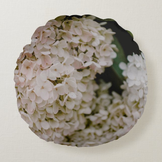 WHITE HYDRANGEAS IN BLOOM ROUND CUSHION (Front)