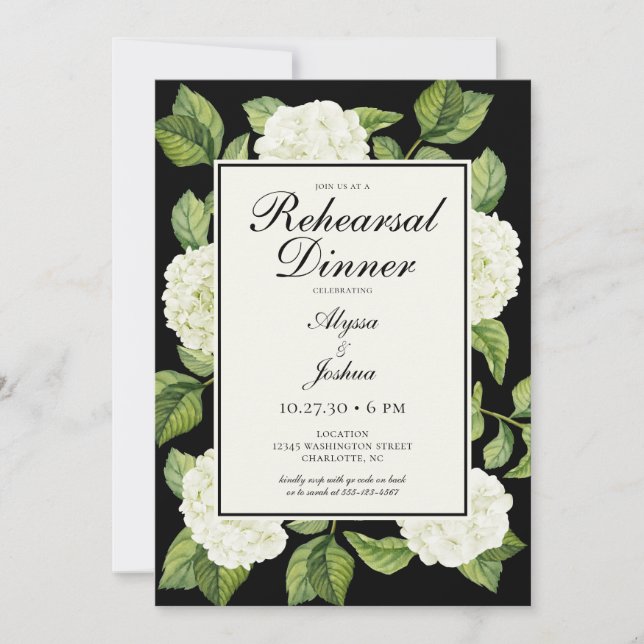 White Hydrangeas QR Code Rehearsal Dinner Invitation (Front)