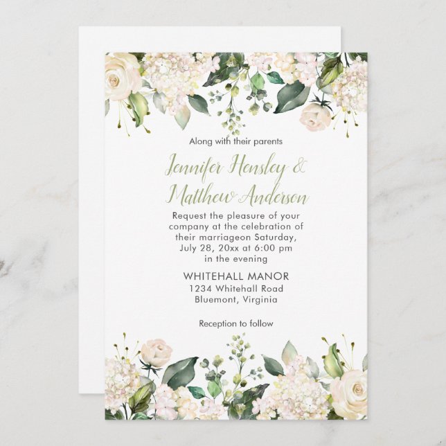 White Hydrangeas Roses Greenery Wedding Invitation (Front/Back)