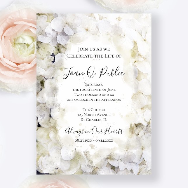 White Hydrangeas Watercolor Celebration of Life Invitation (Creator Uploaded)