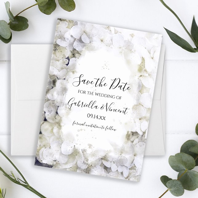 White Hydrangeas Watercolor Wedding Save the Date (Creator Uploaded)