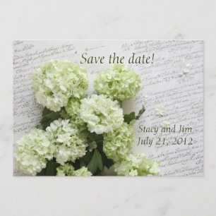 white hydrangeas with script save the date