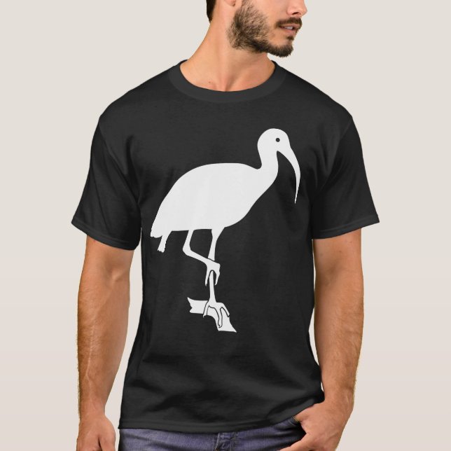 White Ibis Bird Silhouette Perched on Driftwood T-Shirt (Front)