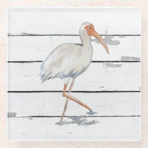 White Ibis Nautical Beach Decor Glass Coaster