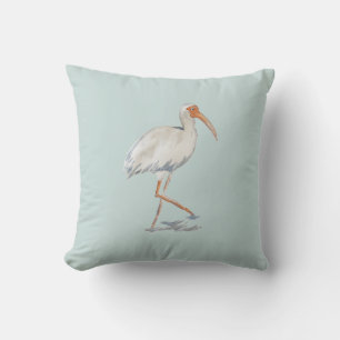 White Ibis Tropical Painting Neutral Pillow