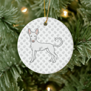White Ibizan Hound Smooth Coat Cartoon Dog & Paws Ceramic Tree Decoration