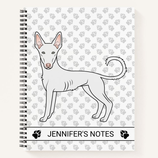White Ibizan Hound Smooth Coat Cartoon Dog & Text Notebook (Front)