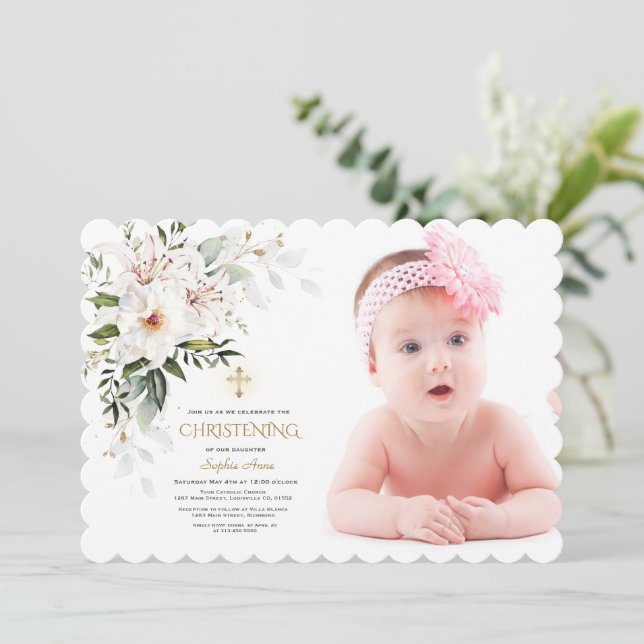 White Imperial Lily Rose Photo Girl Christening Invitation (Standing Front)