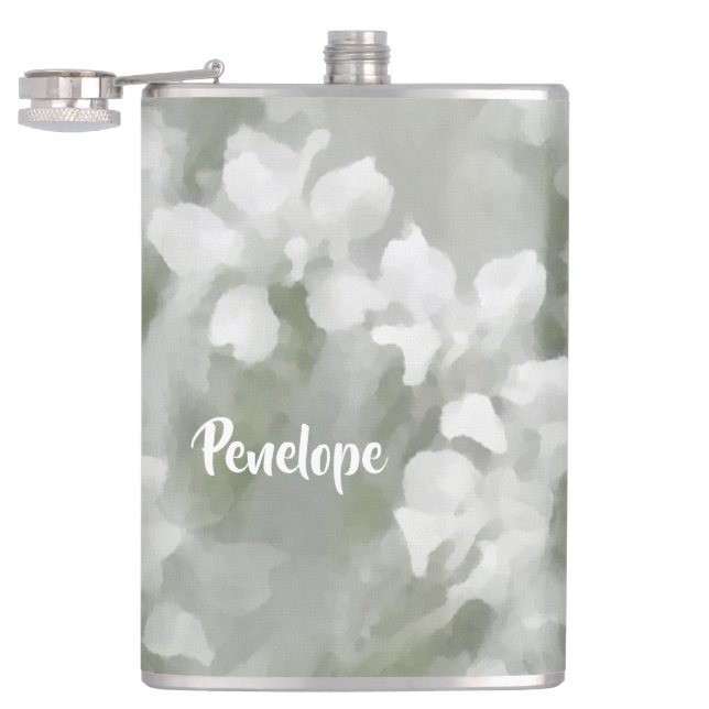 White Impressionist Botanical Art with Name Hip Flask (Opened)