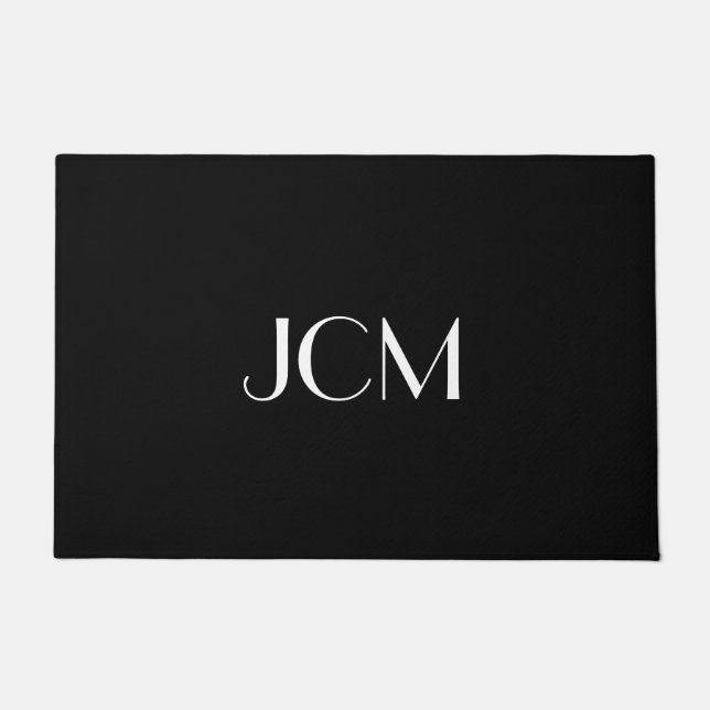White Initial Monogram on Black Doormat (Front)