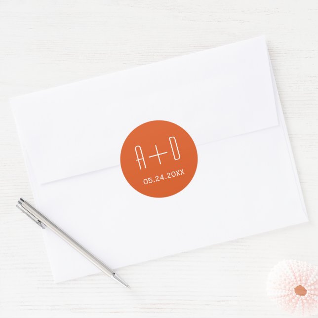 White initials, simple elegant orange wedding classic round sticker (Envelope)