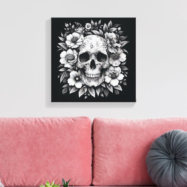 White Ink Floral Skull Gothic Wall Canvas (Insitu(LivingRoom))