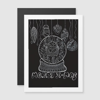 White Ink Line Art Xmas Snow Globe Magnetic Card