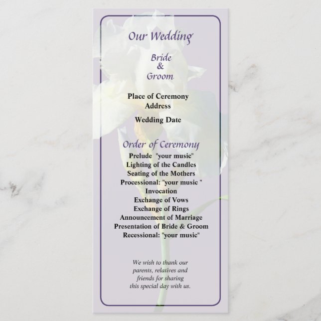 White Iris in Sunshine Wedding Program Programme (Front)