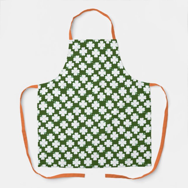 White Irish Shamrock Pattern on Forest Green Apron (Front)