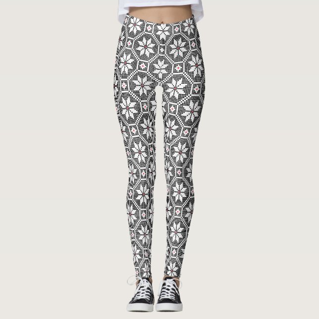 White isolated lace texture on black background leggings (Front)