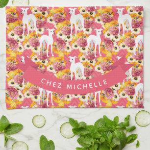 White Italian Greyhounds or Whippets Pink Floral Tea Towel