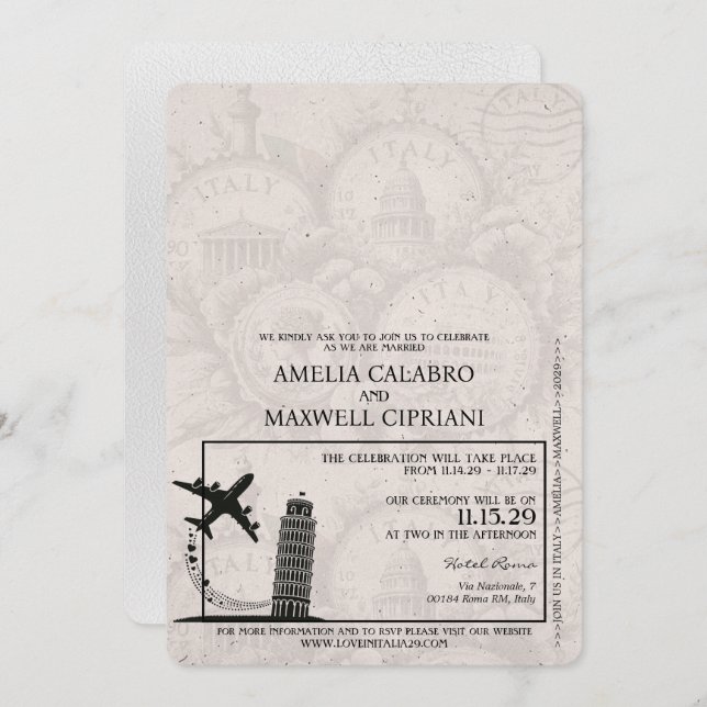 White Italy Passport Wedding Invitation (Front/Back)