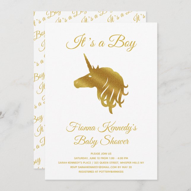 White It's a Boy Unicorn Baby Shower Invitation (Front/Back)