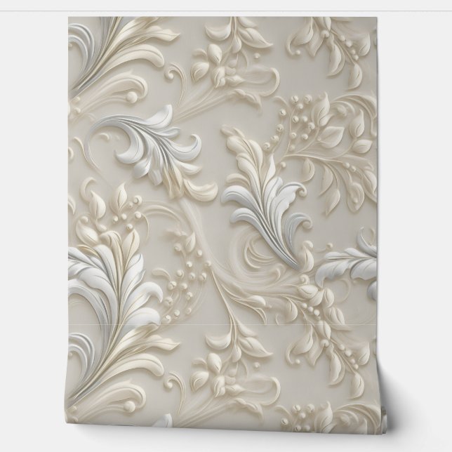 White Ivory Acanthus Wallpaper (Unrolling)