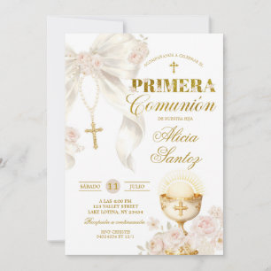 White Ivory Bow Coquette Rosary first holy communi Invitation