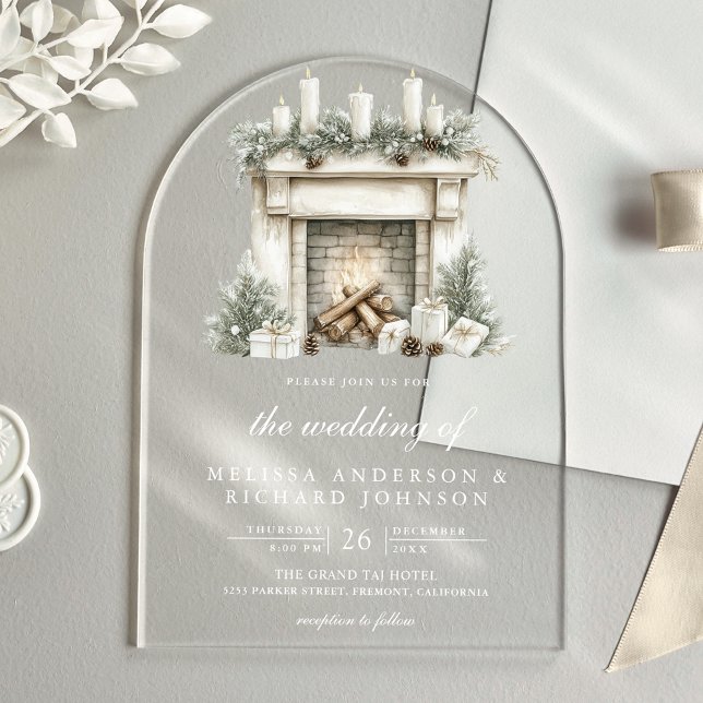 White Ivory Christmas Fireplace Arch Wedding Acrylic Invitations (Creator Uploaded)