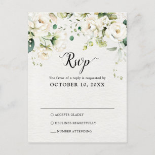 White Ivory Cream Roses Botanical Wedding RSVP Postcard