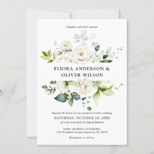 White Ivory Cream Roses Floral Botanical Wedding I Invitation