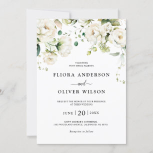 White Ivory Cream Roses Floral Botanical Wedding I Invitation