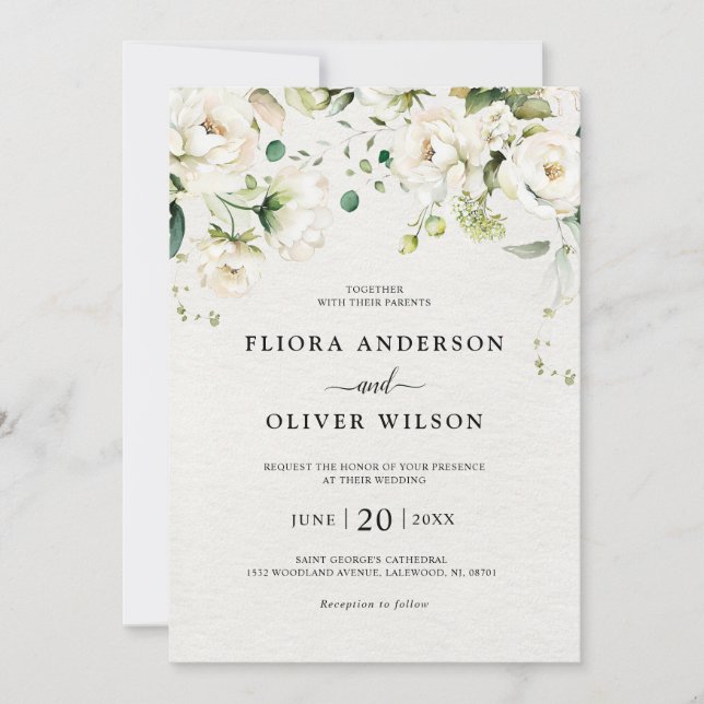 White Ivory Cream Roses Floral Botanical Wedding Invitation (Front)