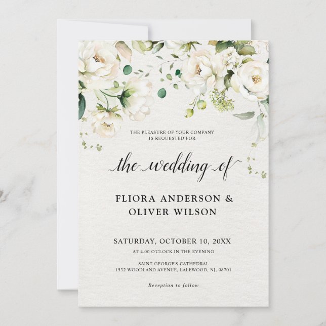 White Ivory Cream Roses Floral Botanical Wedding   Invitation (Front)