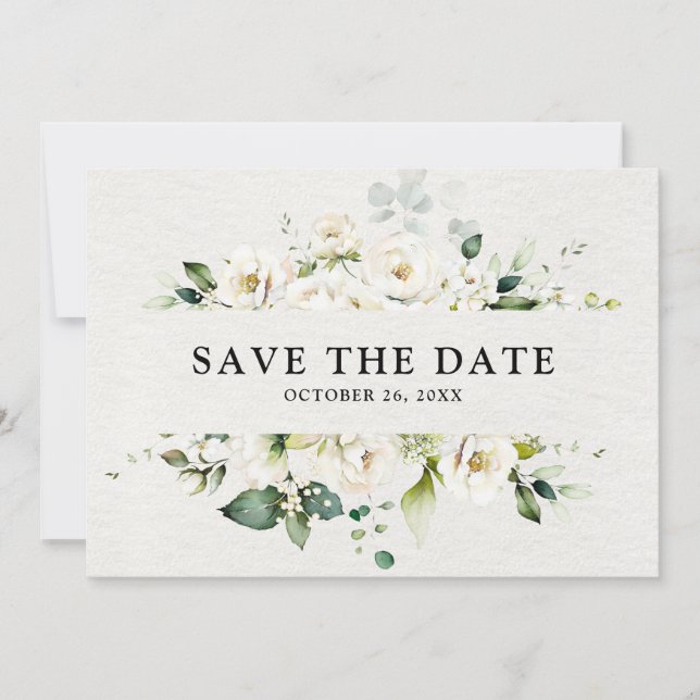 White Ivory Cream Roses Floral Botanical Wedding S Save The Date (Front)