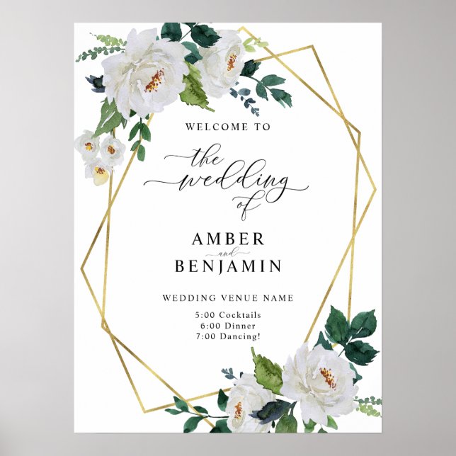 White Ivory Emerald Leaves Floral Wedding Welcome Poster (Front)
