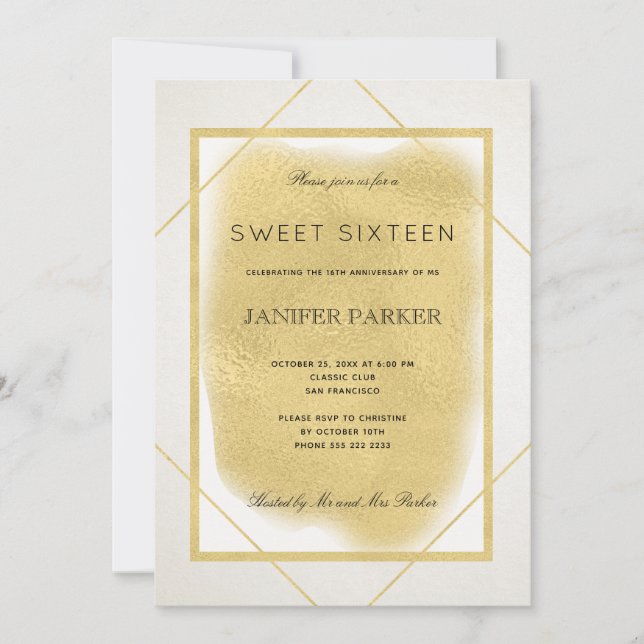 White ivory faux gold framed formal sweet sixteen invitation (Front)