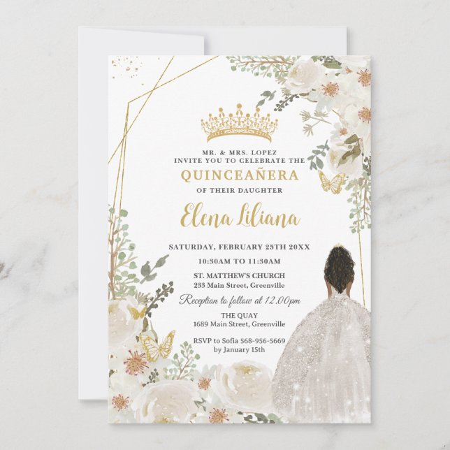 White Ivory Floral Brown Princess Gold Quinceanera Invitation (Front)