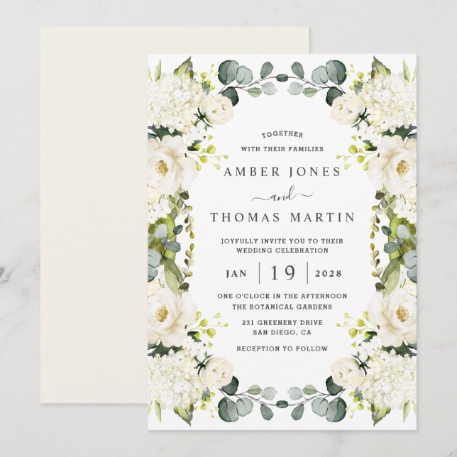 White Ivory Floral Elegant Wedding  Invitation (Front/Back)