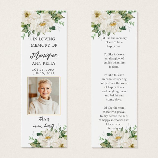 White Ivory Floral Photo Funeral Memorial Bookmark (Front & Back)