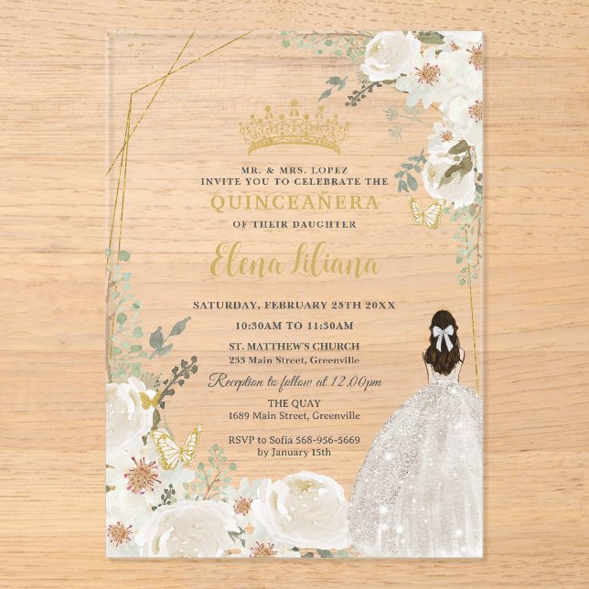 White Ivory Floral Princess Gold Quinceanera 15 XV Acrylic Invitations (Front)